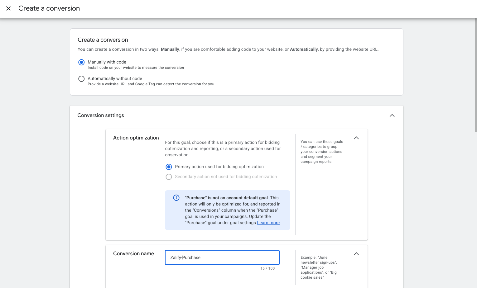 Create conversion: manual code, name, and action optimization