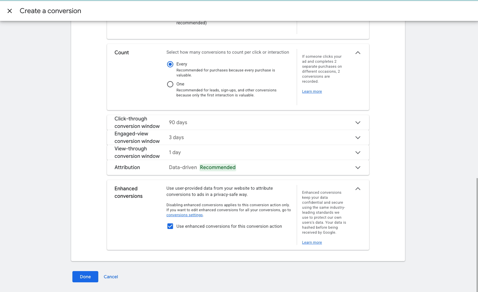 Count, conversion windows, attribution, enhanced conversions (enable for Purchase)