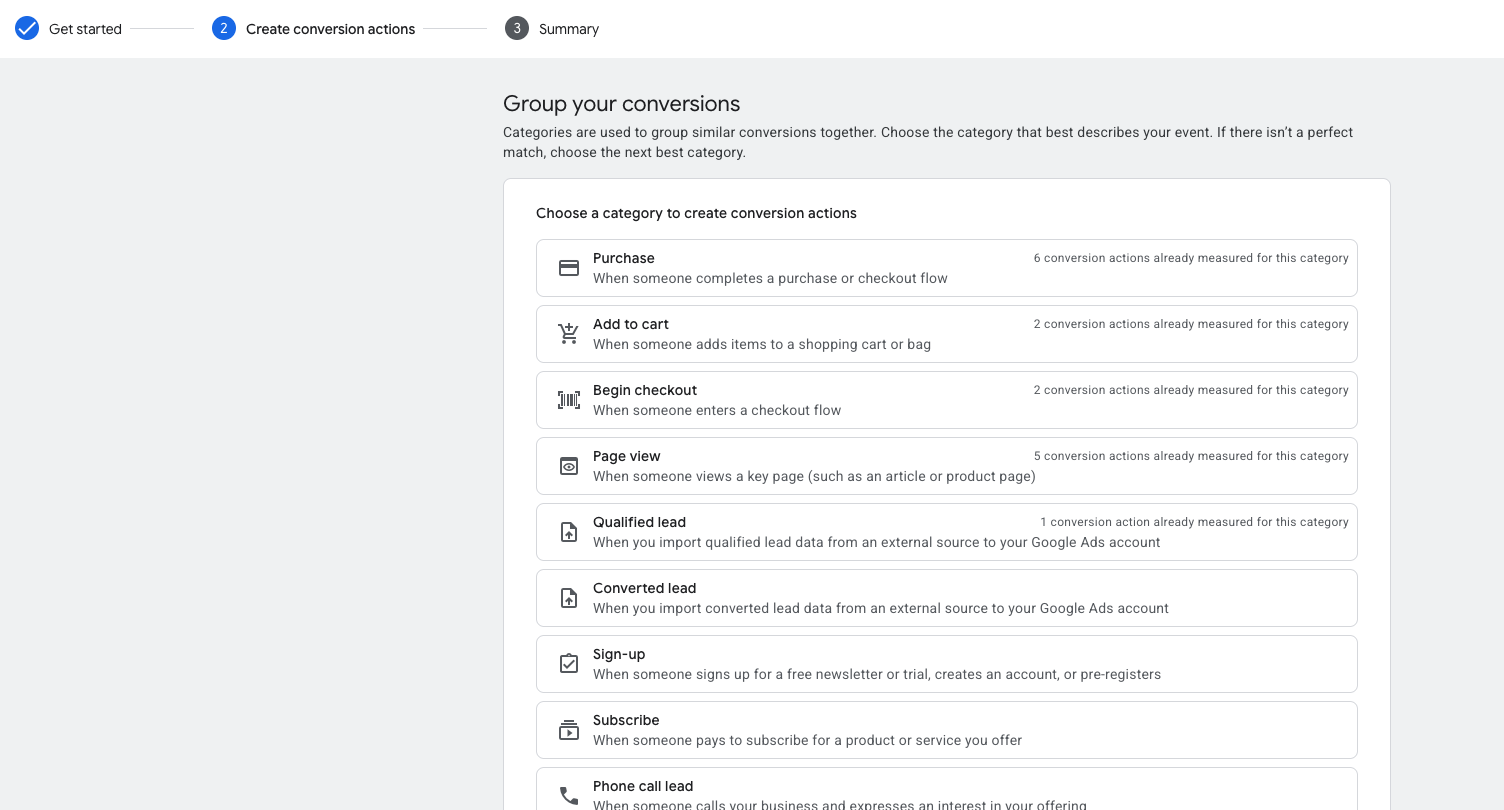 Choose a category: Purchase, Page view, Add to cart, Begin checkout, etc.