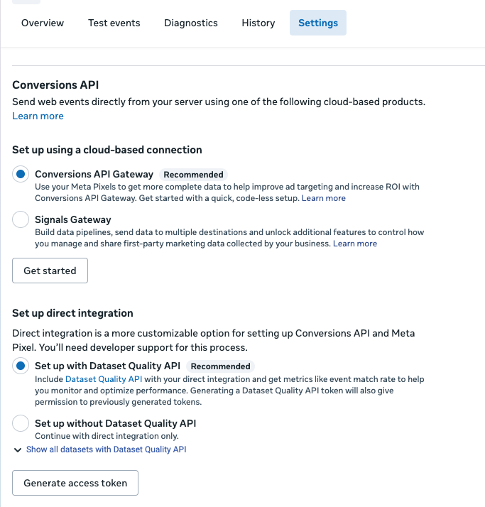 Conversions API on the Settings tab in Events Manager — use Generate access token to get your Access Token