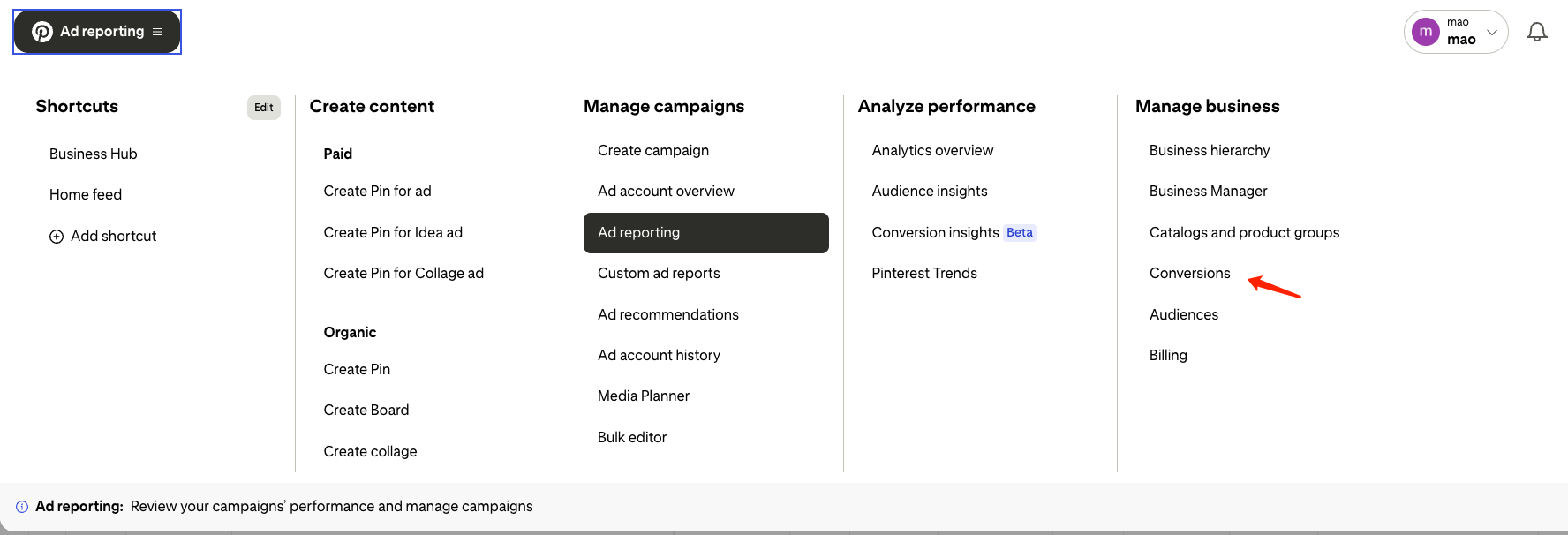Pinterest 广告后台：通过 Ad reporting 菜单进入 Conversions