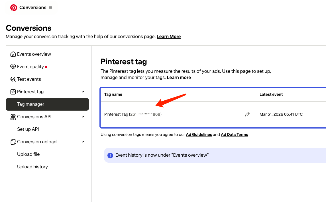 Pinterest Tag：在 Tag manager 中查看 Tag 名称与 Tag ID