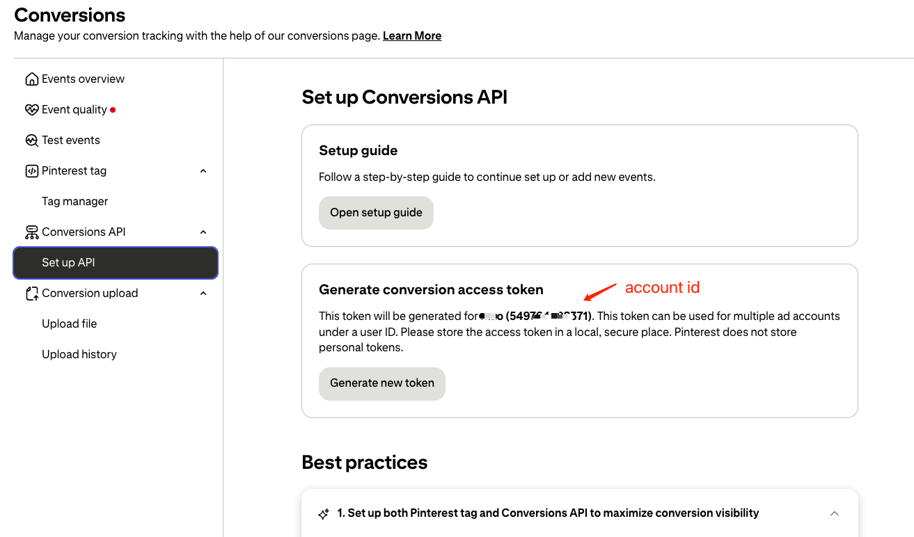 Conversions API：在 Set up API 中查看 Account ID 并生成访问令牌