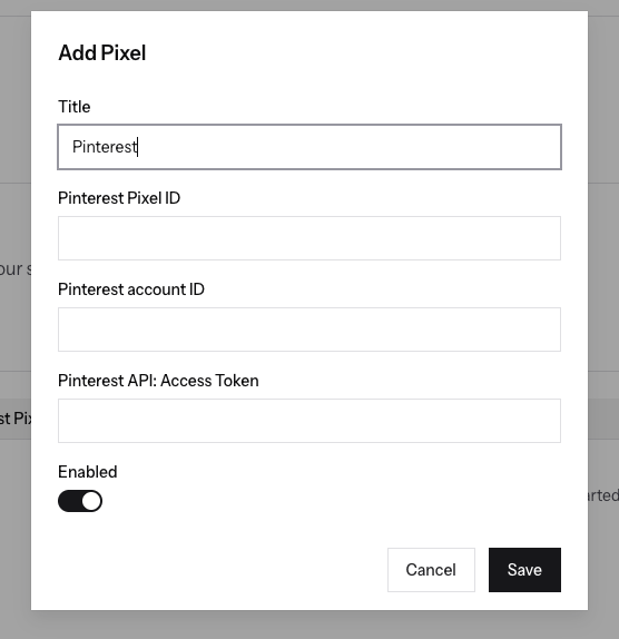 Zalify：添加 Pinterest Pixel，填写 Pixel ID、账户 ID 与 Access Token