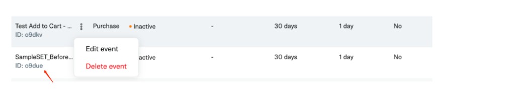 事件管理工具列表中，名称下方的 ID 即为该事件的 Action ID