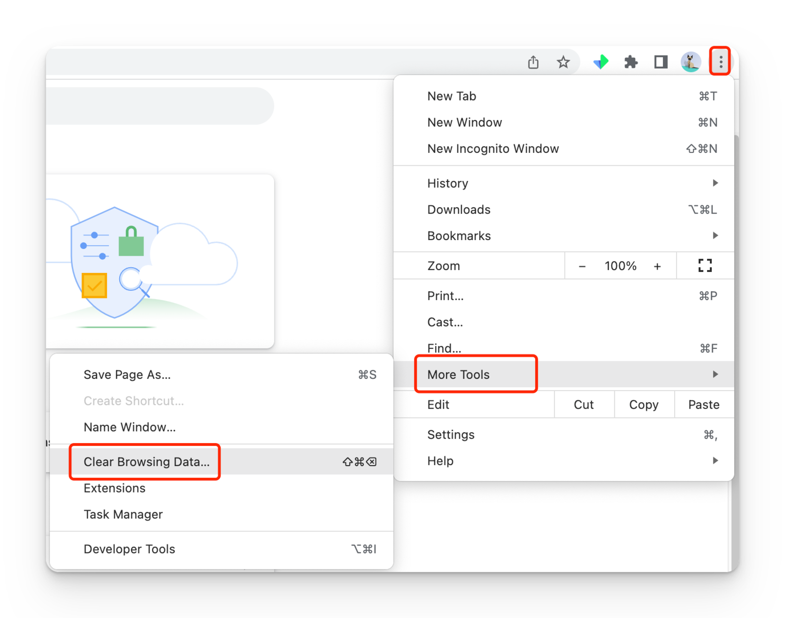 Go to Chrome settings -> More tools -> Clear browsing Data...