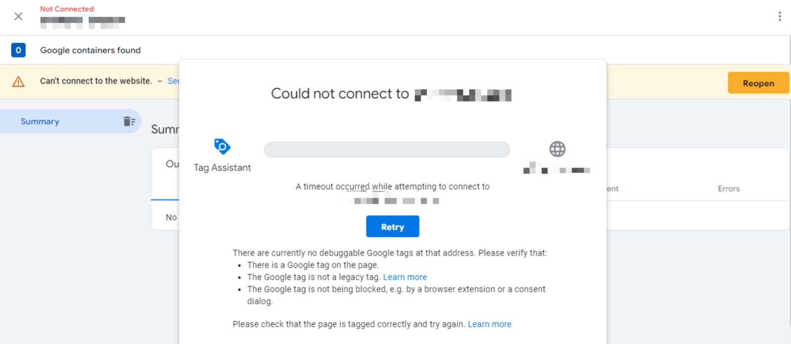 Could not connect to GTM preview