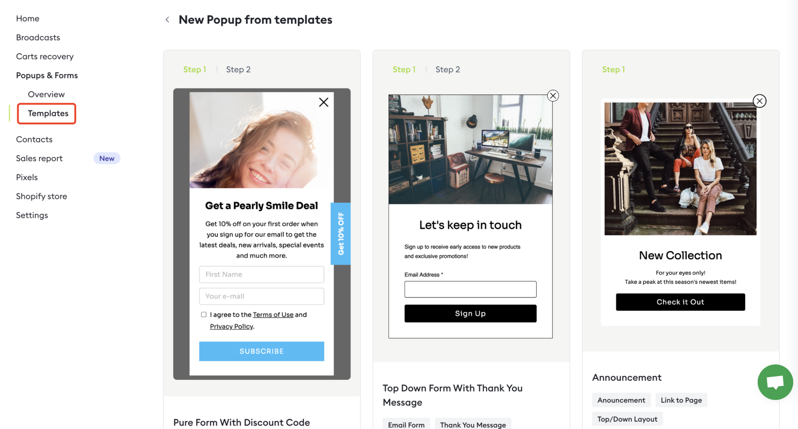 Choose from popup templates