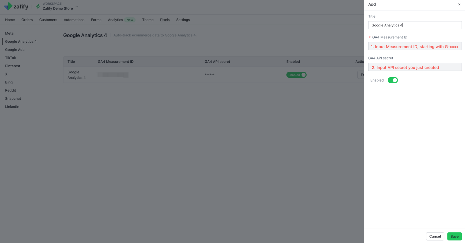 在 Zalify 中配置 GA4 Pixel
